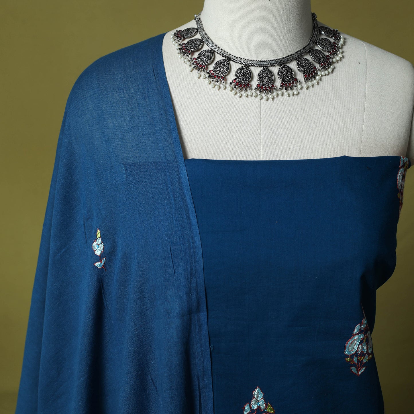 Blue - Hand Embroidered Cotton Kashida 3pc Unstitched Dress Material Suit Set 45