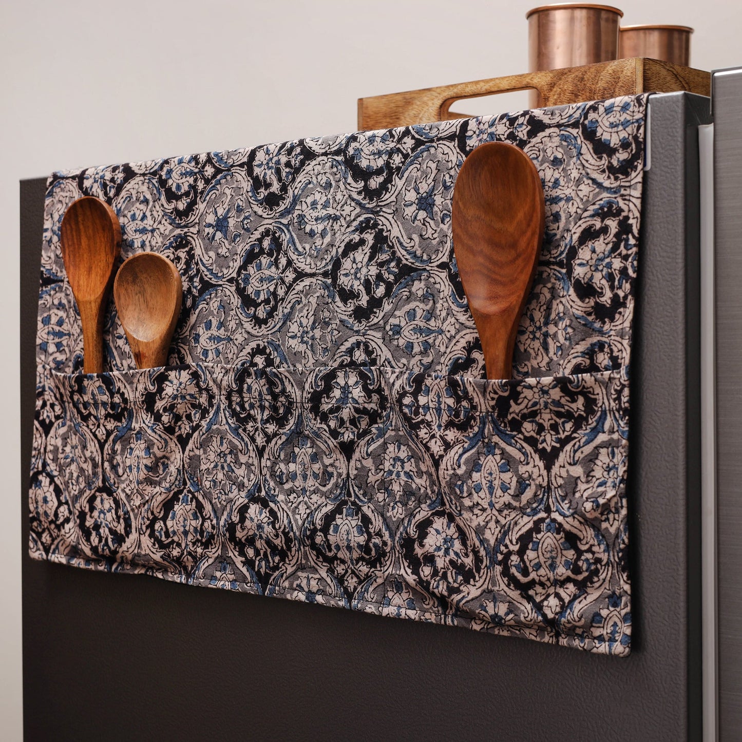Black Kalamkari Block Printed Fridge Top Cover with Handle Cover