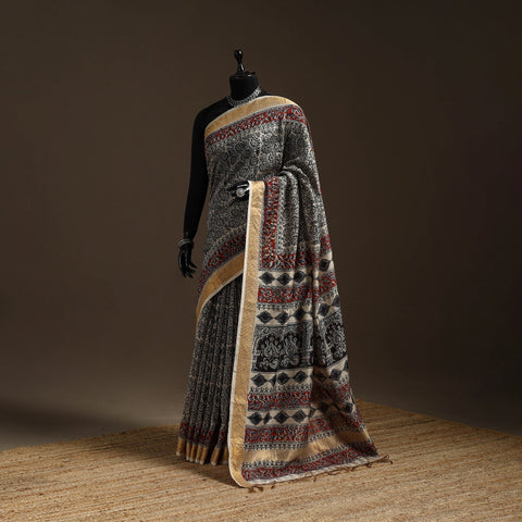 Black - natural dyed pedana chanderi silk kalamkari saree