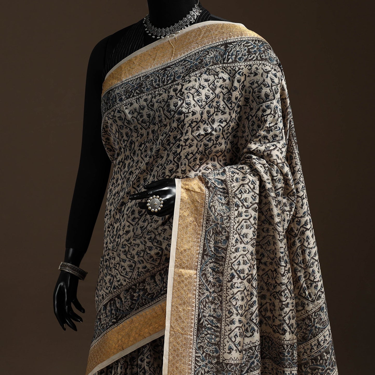 Black - natural dyed pedana chanderi silk kalamkari saree