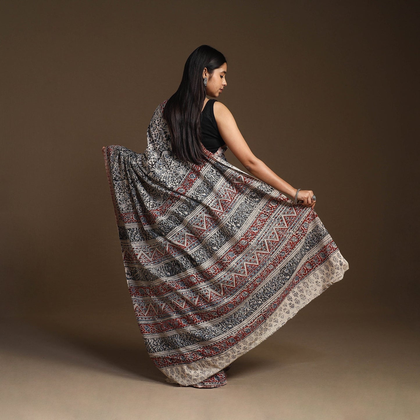 Black Pedana Block Print Cotton Kalamkari Saree