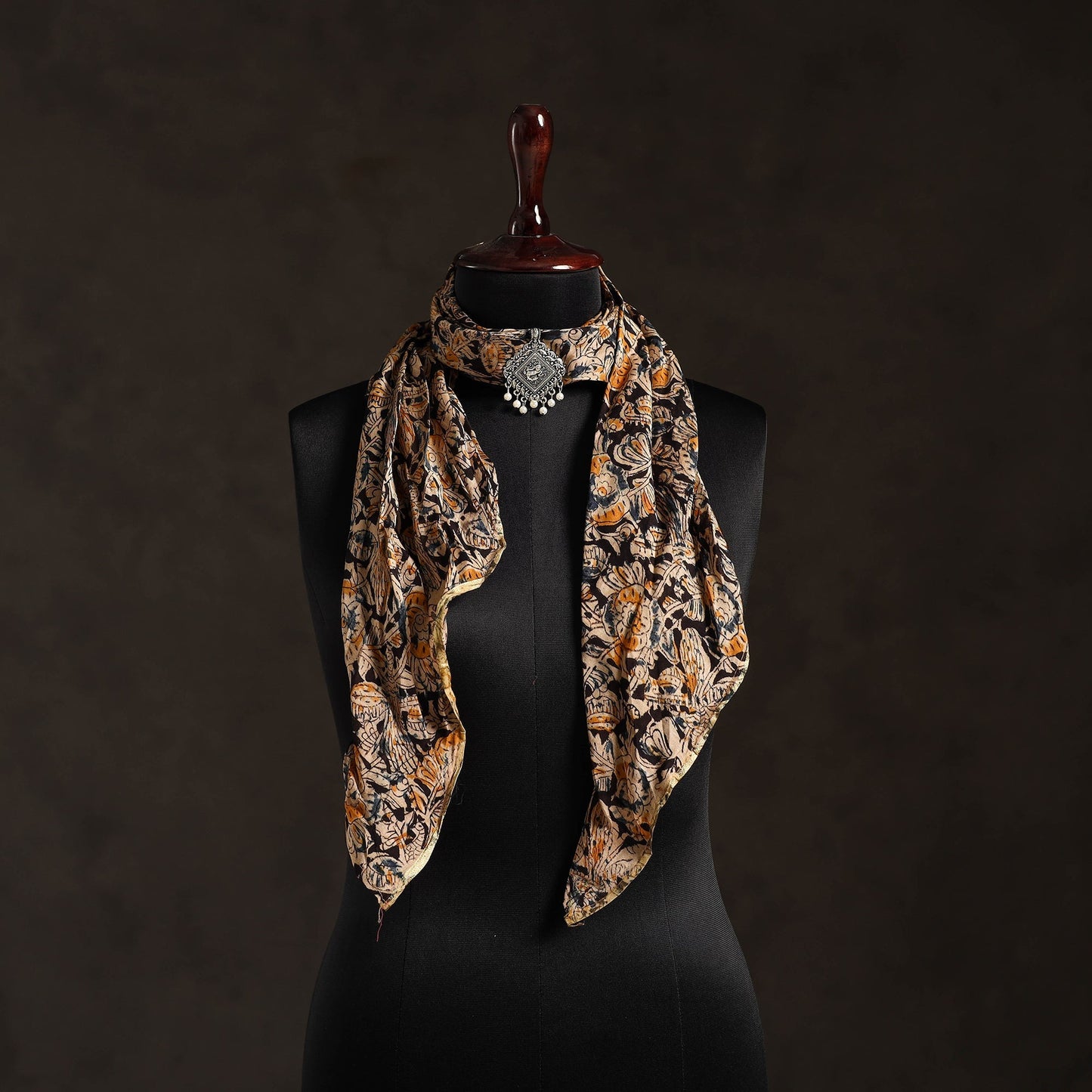 Black Block Print Chanderi Silk Pendant Necklace Scarf