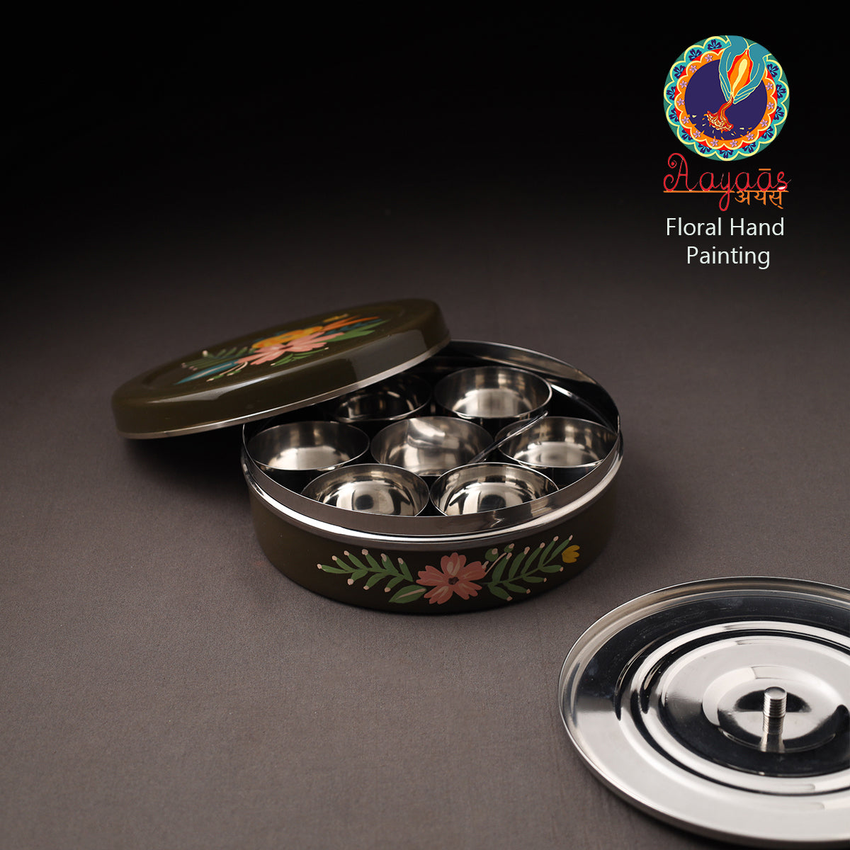 Floral Handpainted Enamelware Stainless Steel Masala Box (7 x 7 in) 03