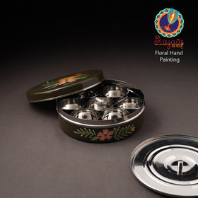 Floral Handpainted Enamelware Stainless Steel Masala Box (7 x 7 in) 03
