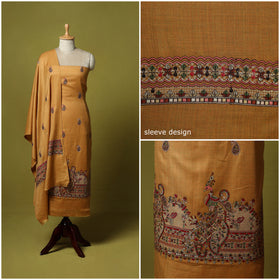 Brown - 3pc Chain Stitch Embroidered Merino Wool Unstitched Dress Material 40