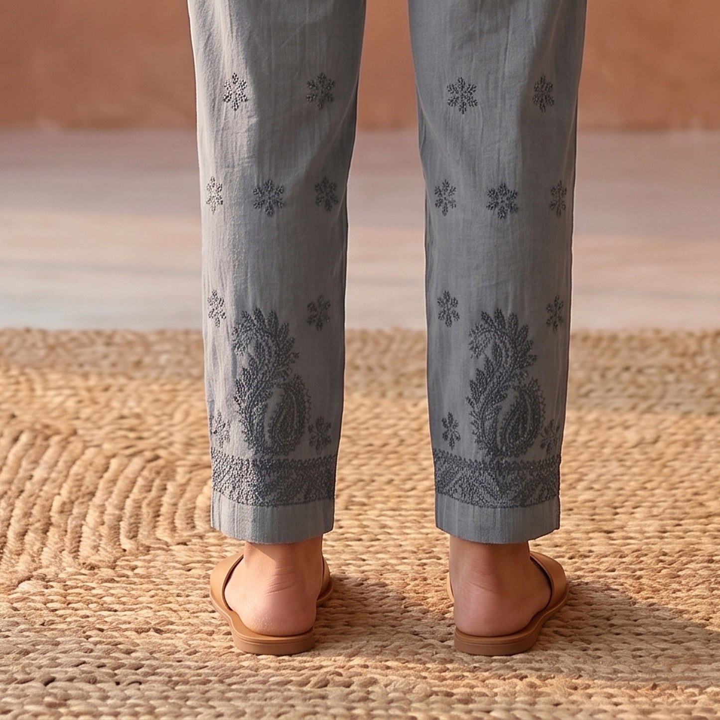 Elastic Waist Chikankari Hand Embroidery Cotton Lycra Cropped Pant 37