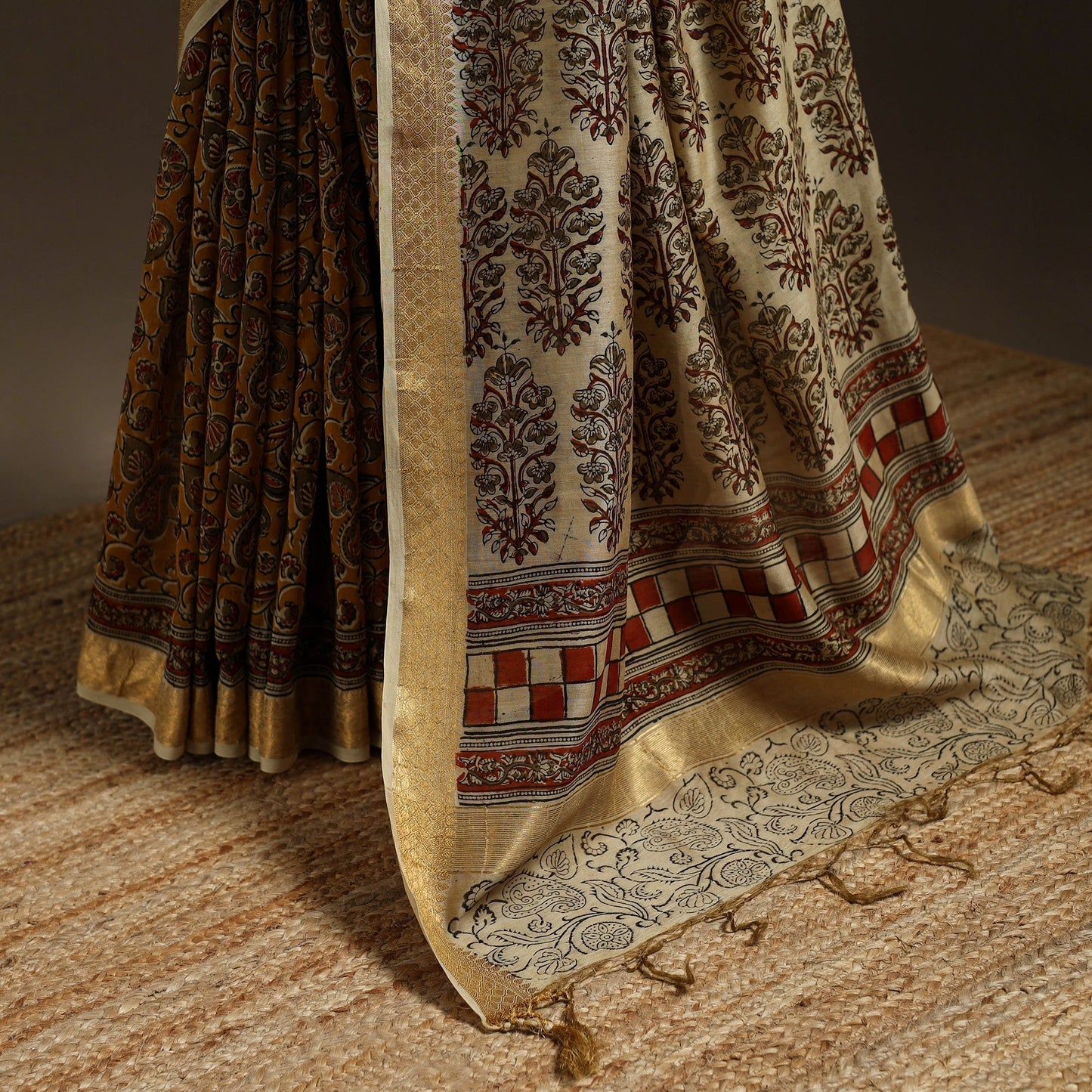 Brown - natural dyed pedana chanderi silk kalamkari saree