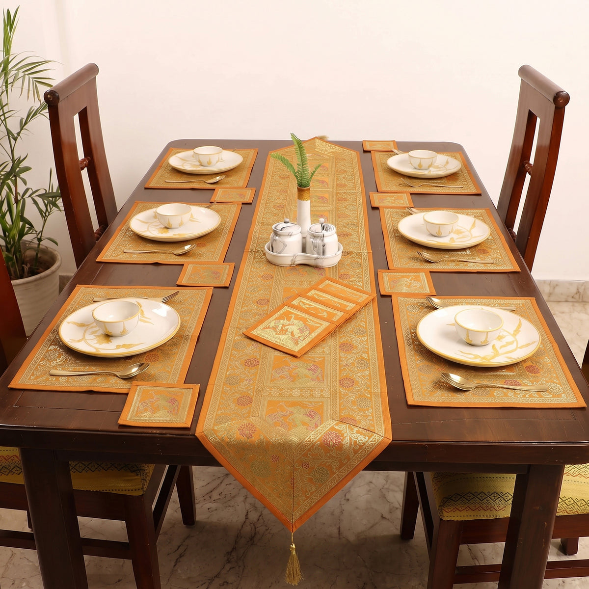 Brocade Banarasi Silk Dining Table Linen with 1 Runner, 6 mats and 6 coasters 12