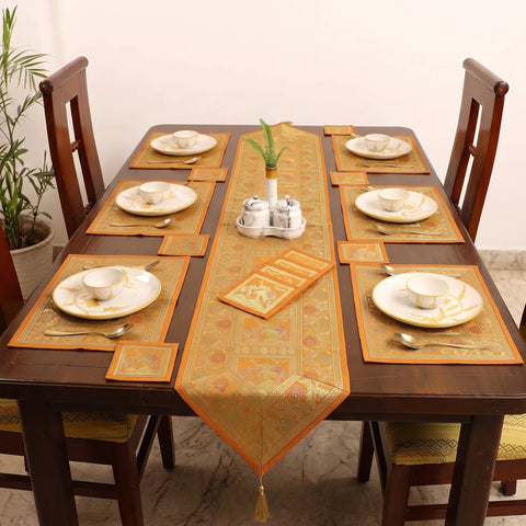 Brocade Banarasi Silk Dining Table Linen with 1 Runner, 6 mats and 6 coasters 12