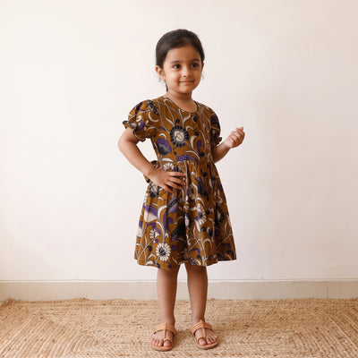 Yellow - pure cotton girls frock dress in kalamkari prints