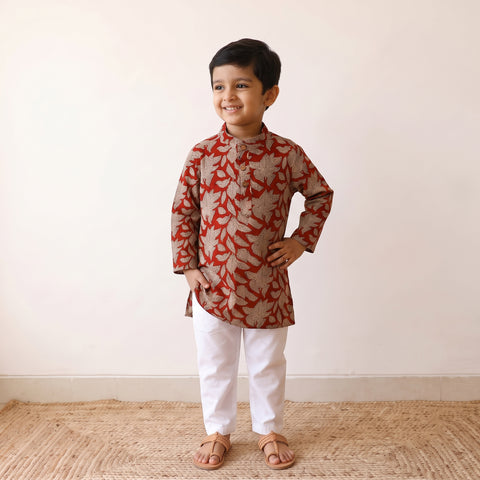Red - Kids Pure Cotton  Kurta in Bagru Block Prints (3-4 Years) 90