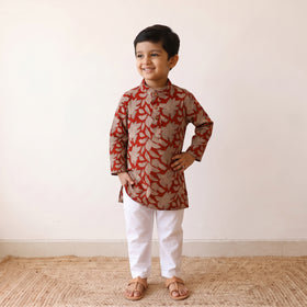 Red - kids pure cotton kurta in bagru block prints (3-4