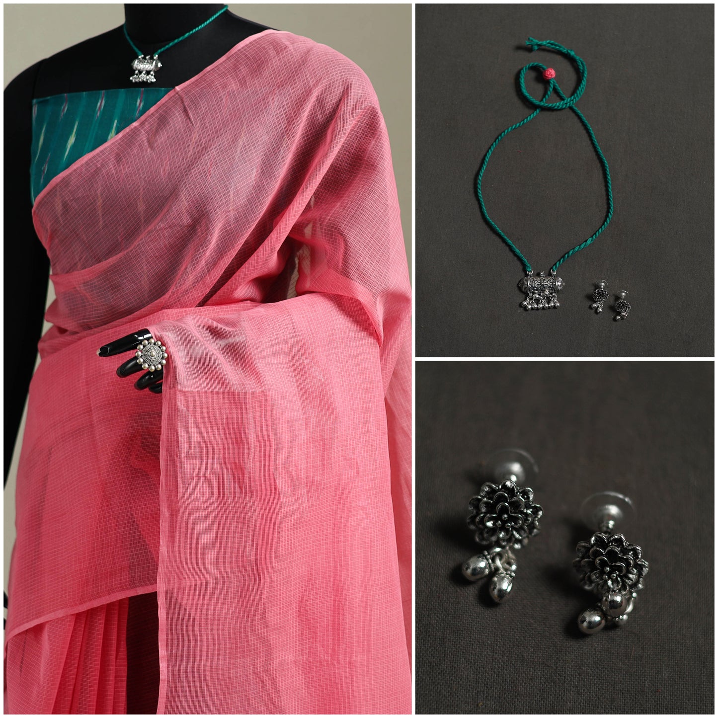 Pink - Nazaakat Kota Doria Cotton Plain Saree with Blouse & Jewellery Set 59