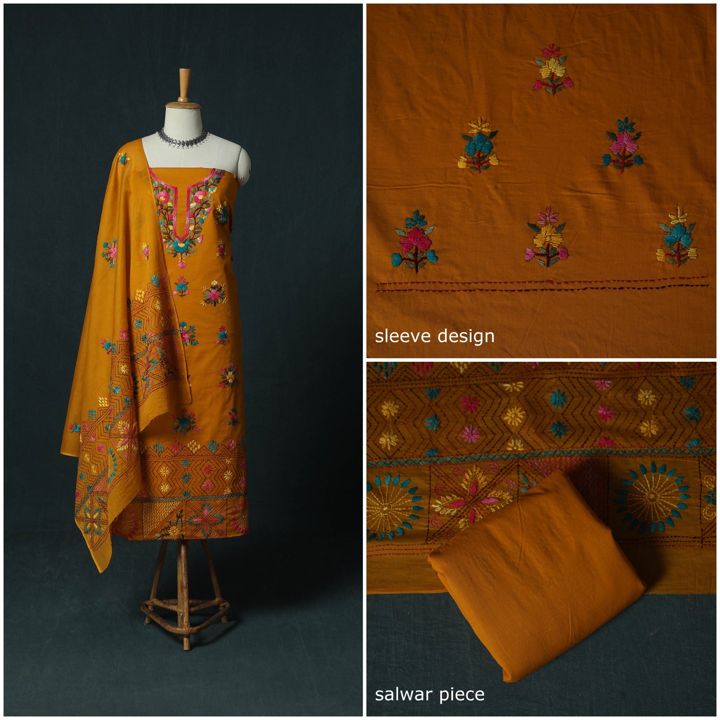 Orange - Hand Embroidered Cotton 3pc Unstitched Dress Material 61