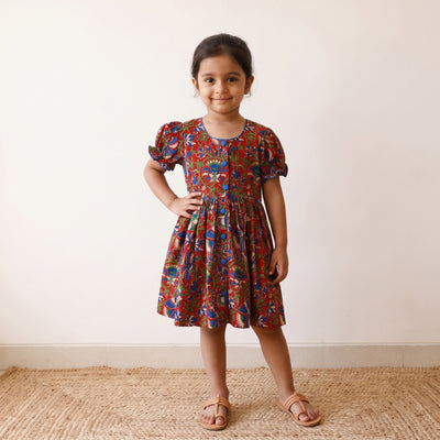 Red - pure cotton girls frock dress in kalamkari prints