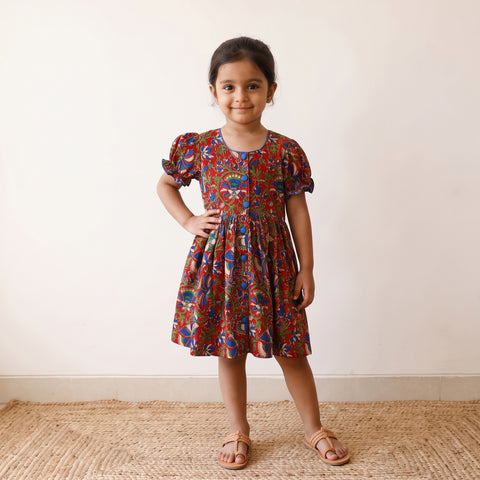 Red - Pure Cotton Girls Frock Dress in Kalamkari Prints (3-4 Years) 49