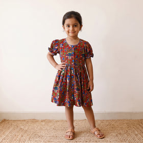 Red - pure cotton girls frock dress in kalamkari prints
