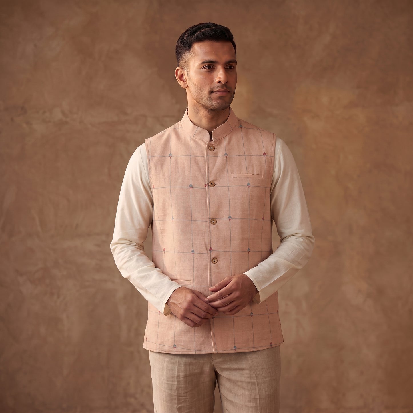 Handwoven Cotton Nehru Jacket for Men in Jamdani Buti of Srikakulam 14