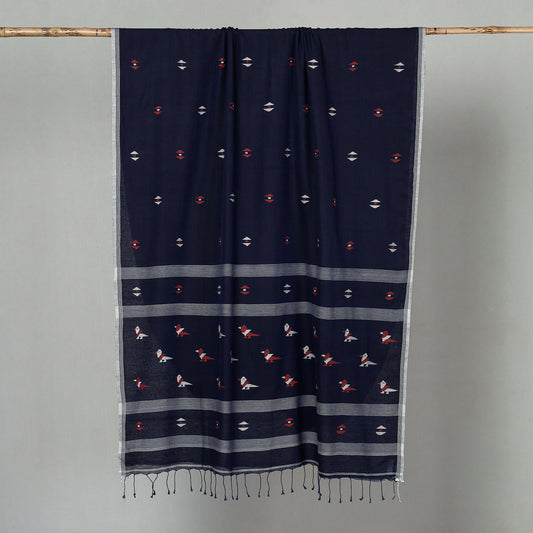 Blue - Phulia Jamdani Handloom Cotton Saree with Tassels