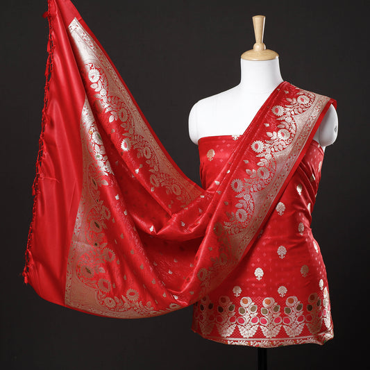 Red - 3pc Banarasi Zari Weave Cutwork Semi Silk Suit Material Set