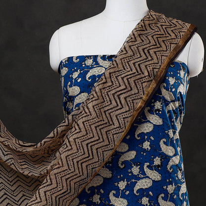Blue - 3pc Bagru Block Printed Cotton Suit Material with Kota Doria Dupatta