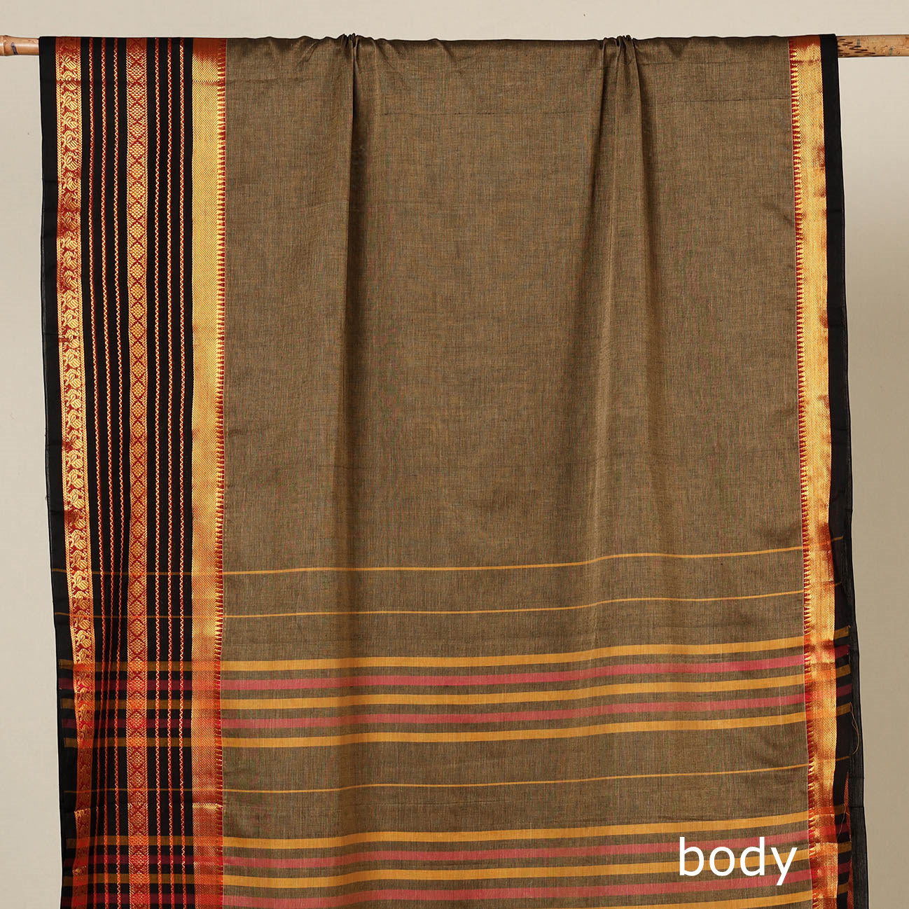 Brown - Dharwad Cotton Saree with Zari Border