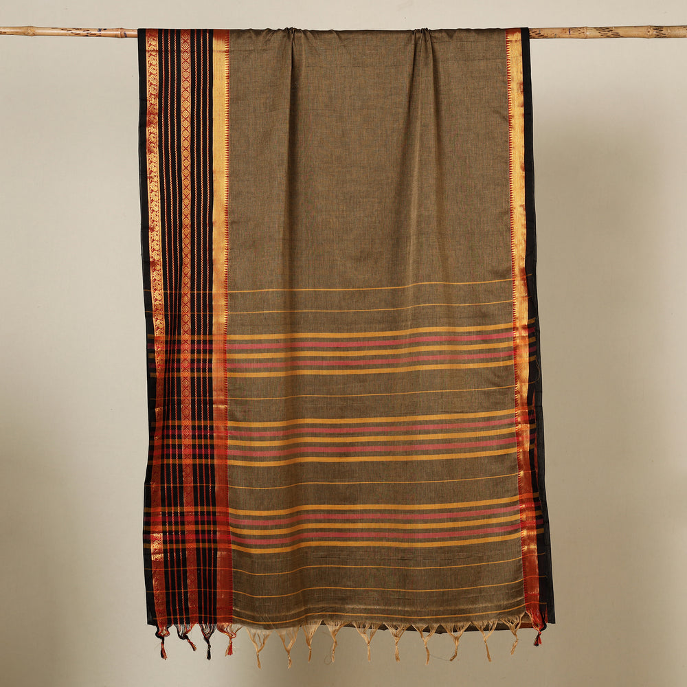 Brown - Dharwad Cotton Saree with Zari Border