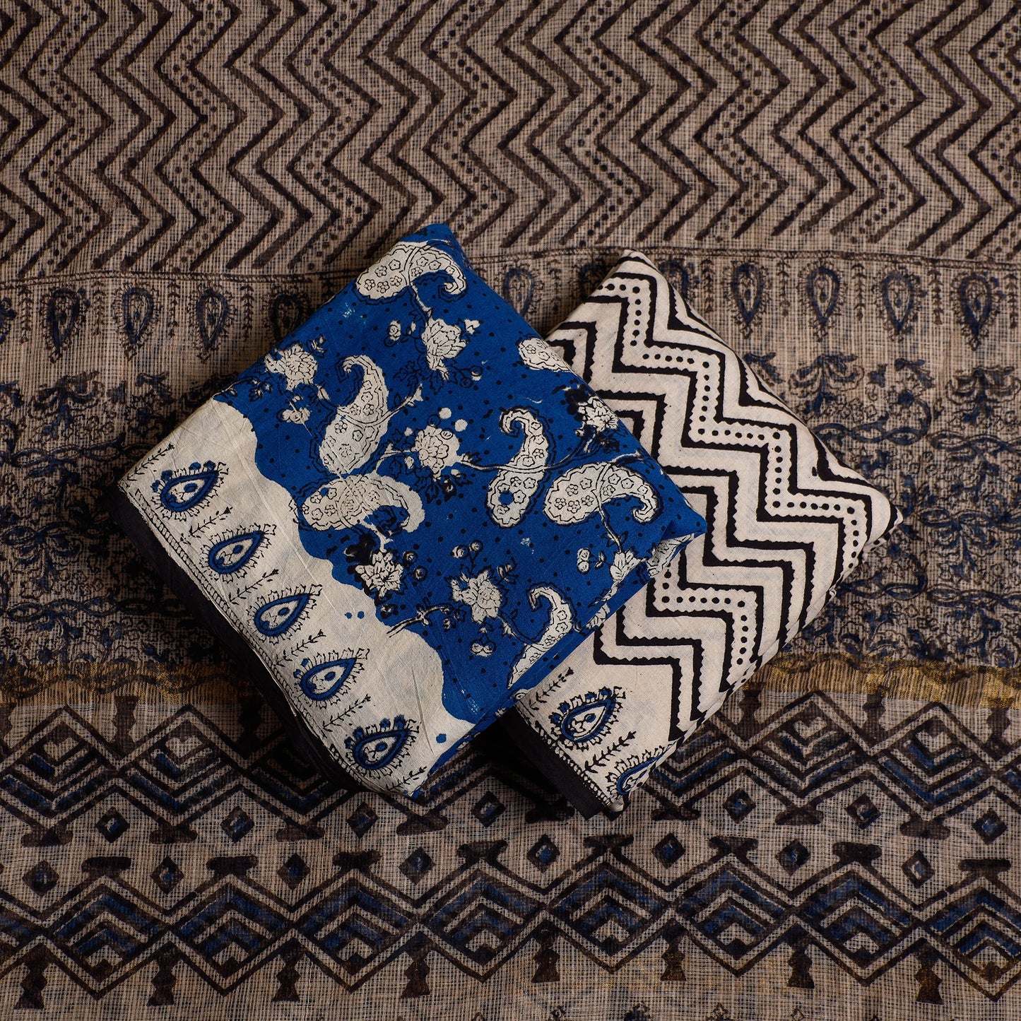 Blue - 3pc Bagru Block Printed Cotton Suit Material with Kota Doria Dupatta