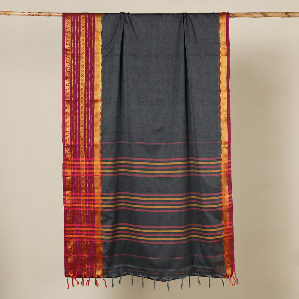 Black - Dharwad Cotton Saree with Zari Border