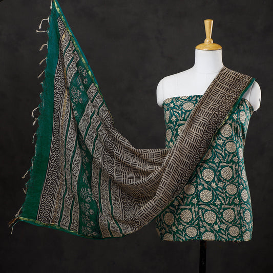 Green - 3pc Bagru Block Printed Cotton Suit Material with Kota Doria Dupatta 09