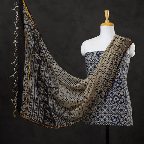 Blue - 3pc bagru block printed cotton suit material with kota doria dupatta