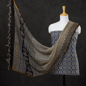Blue - 3pc bagru block printed cotton suit material with kota doria dupatta