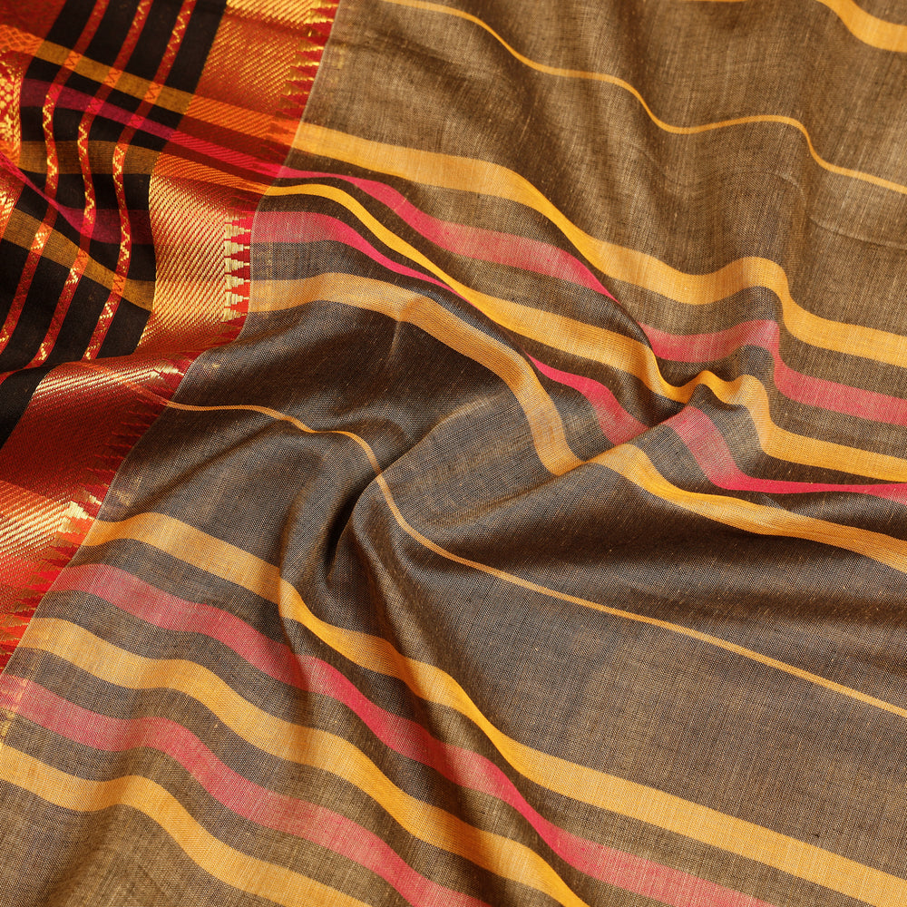 Brown - Dharwad Cotton Saree with Zari Border