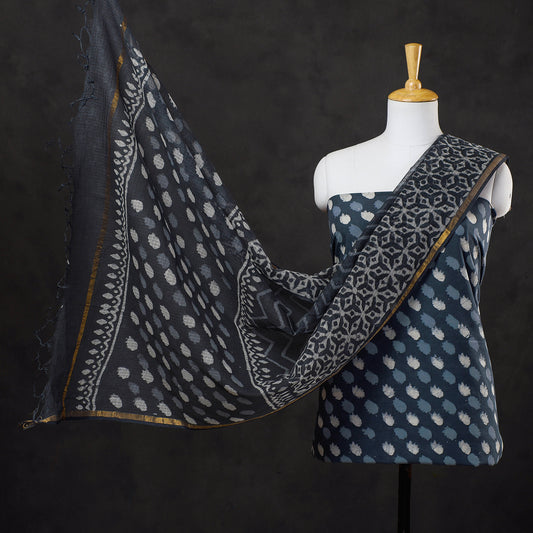 Grey - 3pc Batik Block Printed Cotton Suit Material with Kota Doria Dupatta