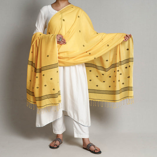 Yellow - Burdwan Jamdani Buti Handloom Pure Cotton Dupatta with Tassels