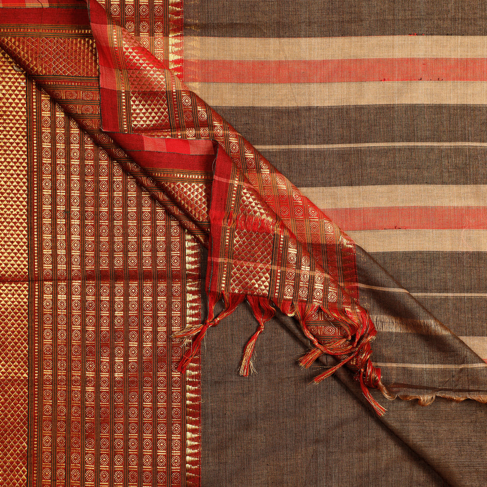 Brown - Dharwad Cotton Saree with Zari Border