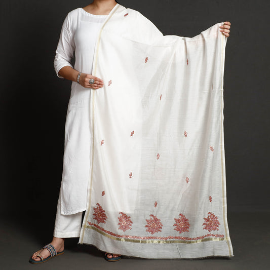 White - Kashidakari Hand Embroidered Chanderi Silk Handloom Dupatta with Zari Border