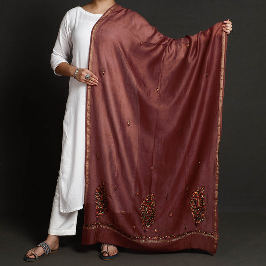 Brown - Kashidakari Hand Embroidered Chanderi Silk Handloom Dupatta with Zari Border