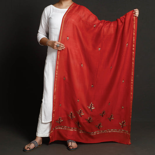 Red - Kashidakari Hand Embroidered Chanderi Silk Handloom Dupatta with Zari Border