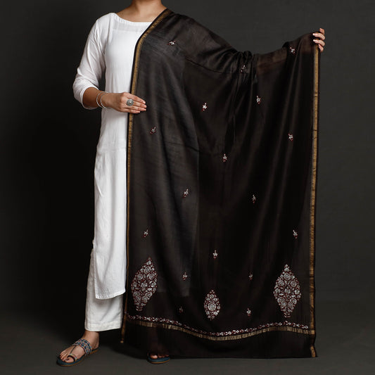 Black - Kashidakari Hand Embroidered Chanderi Silk Handloom Dupatta with Zari Border
