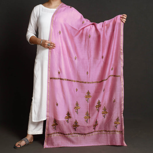 Pink - Kashidakari Hand Embroidered Chanderi Silk Handloom Dupatta with Zari Border