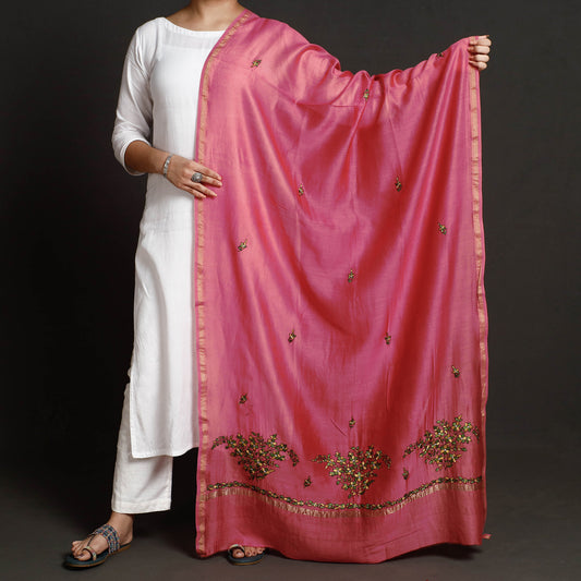 Pink - Kashidakari Hand Embroidered Chanderi Silk Handloom Dupatta with Zari Border