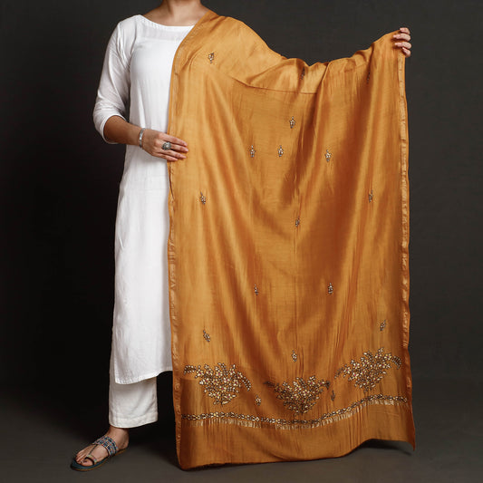 Orange - Kashidakari Hand Embroidered Chanderi Silk Handloom Dupatta with Zari Border