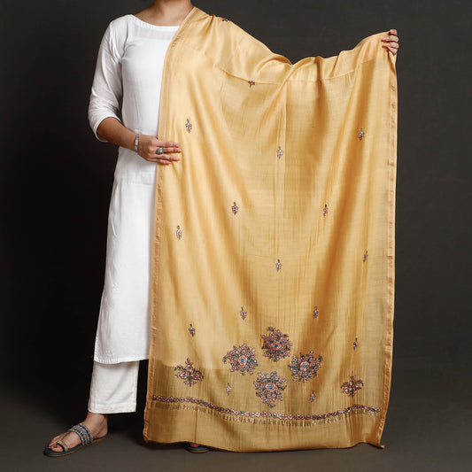 Brown - Kashidakari Hand Embroidered Chanderi Silk Handloom Dupatta with Zari Border
