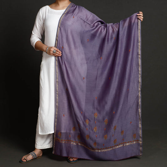 Purple - Kashidakari Hand Embroidered Chanderi Silk Handloom Dupatta with Zari Border