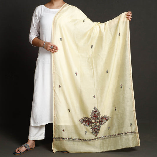 Beige - Kashidakari Hand Embroidered Chanderi Silk Handloom Dupatta with Zari Border