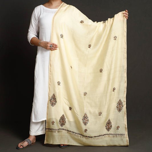 Yellow - Kashidakari Hand Embroidered Chanderi Silk Handloom Dupatta with Zari Border