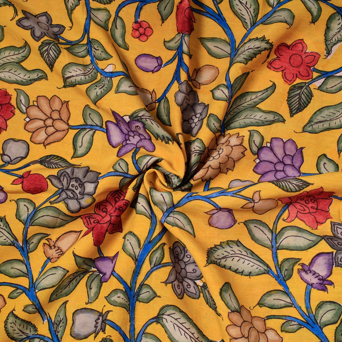 Yellow - Srikalahasti Kalamkari Handpainted Pen Work Chanderi Silk Handloom Fabric
