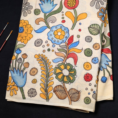 Beige - Srikalahasti Kalamkari Handpainted Pen Work Chanderi Silk Handloom Fabric
