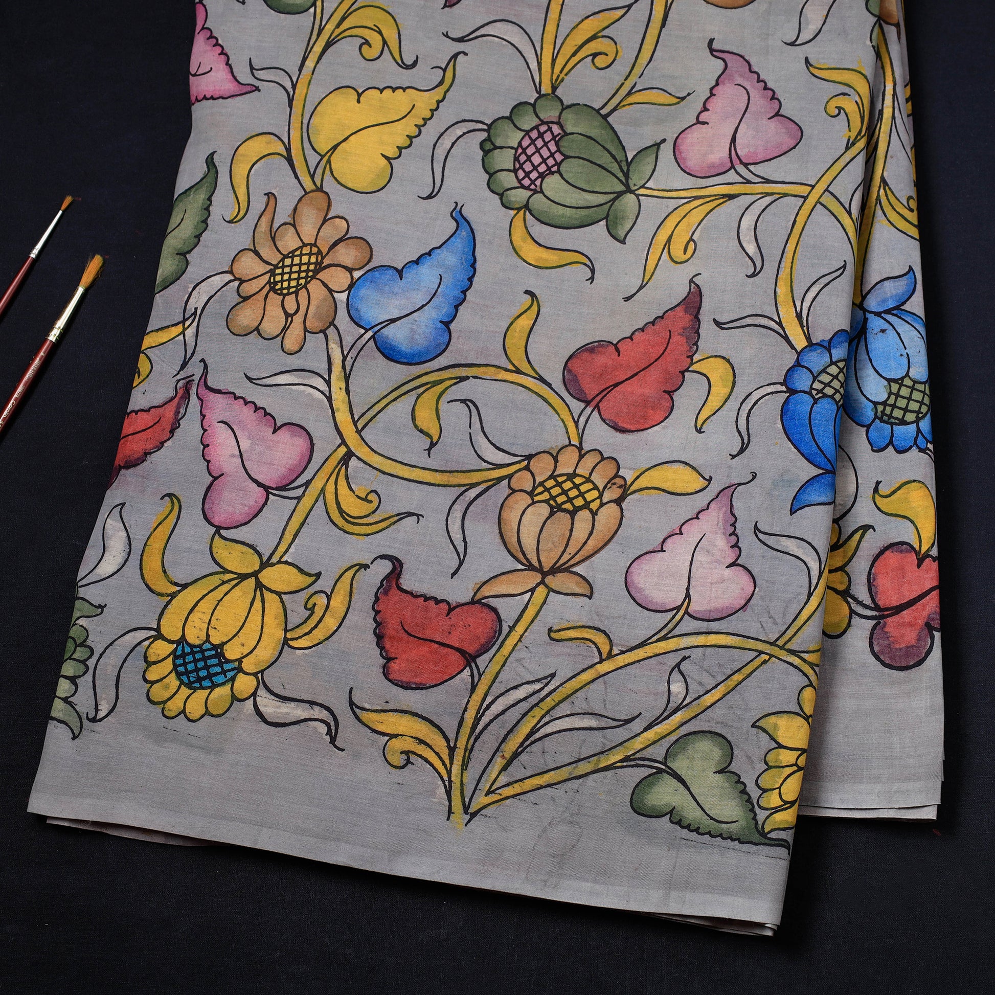 Kalamkari Handpainted Pen Work Chanderi Silk Handloom Fabric